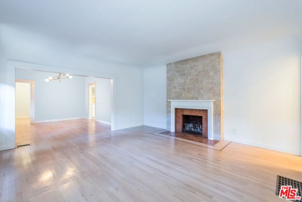 Empty room, Fireplace, Interior, Pendant Lights, Wood Texture Flooring
