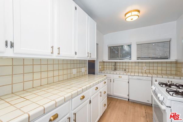 Interior, Kitchen, Tile Countertops, Wood Texture Flooring