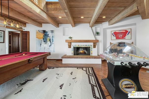 Billiard Table, Fireplace, Game Room, Interior, Recessed Lighting, Wooden Beams, Wooden Ceilings, Wood Texture Flooring