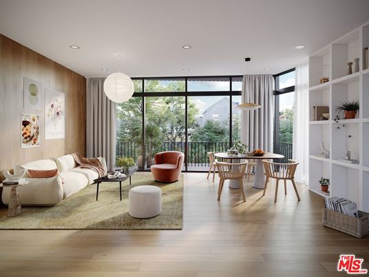 Dining room, Interior, Living room, Pendant Lights, Recessed Lighting, Wood Texture Flooring