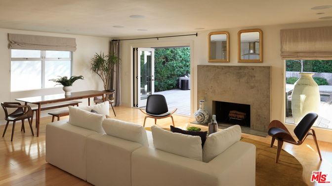 Dining room, Fireplace, Interior, Living room, Recessed Lighting, Wood Texture Flooring