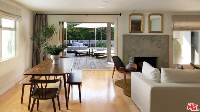 Dining room, Fireplace, Interior, Living room, Recessed Lighting, Wood Texture Flooring