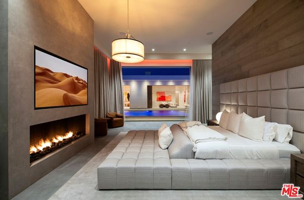 Bedroom, Fireplace, Interior, Pendant Lights, Recessed Lighting, Wooden Walls