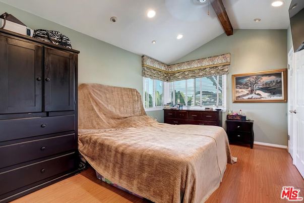 Bedroom, Interior, Recessed Lighting, Wooden Beams, Wood Texture Flooring