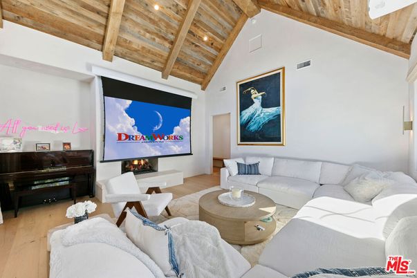 Fireplace, Interior, Living room, Piano, Recessed Lighting, Wooden Beams, Wooden Ceilings, Wood Texture Flooring
