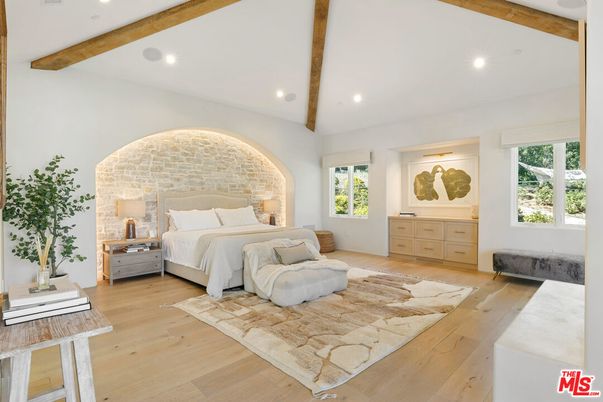 Bedroom, Interior, Recessed Lighting, Wooden Beams, Wood Texture Flooring
