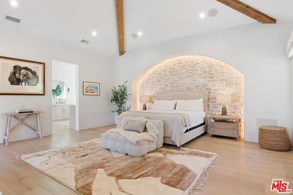 Bedroom, Interior, Recessed Lighting, Wooden Beams, Wood Texture Flooring