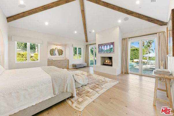 Bedroom, Fireplace, Interior, Recessed Lighting, Wooden Beams, Wood Texture Flooring