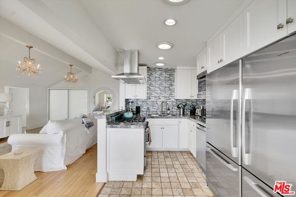 Chandelier, Interior, Kitchen, Living room, Recessed Lighting, Stainless Steel Appliances, Wood Texture Flooring