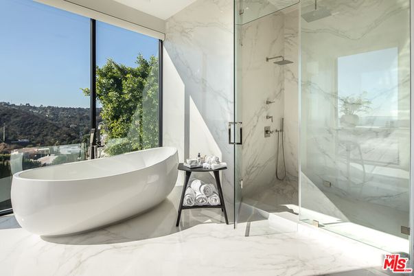 Bathroom, Free Standing Baths, Glass Shower, Interior, Marble, Marble Walls