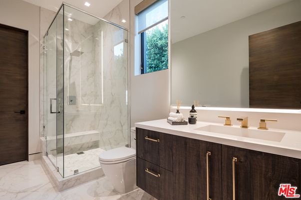 Bathroom, Glass Shower, Interior, Marble, Marble Walls, Recessed Lighting