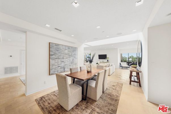 Dining room, Interior, Living room, Recessed Lighting, Wood Texture Flooring