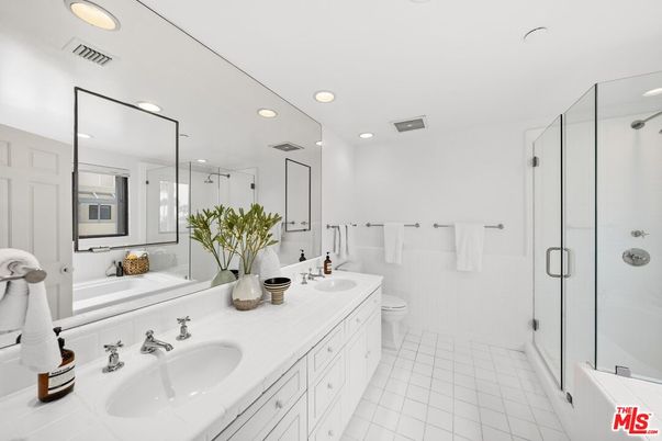 Bathroom, Dual Sink Vanities, Glass Shower, Interior, Recessed Lighting, Tile Countertops