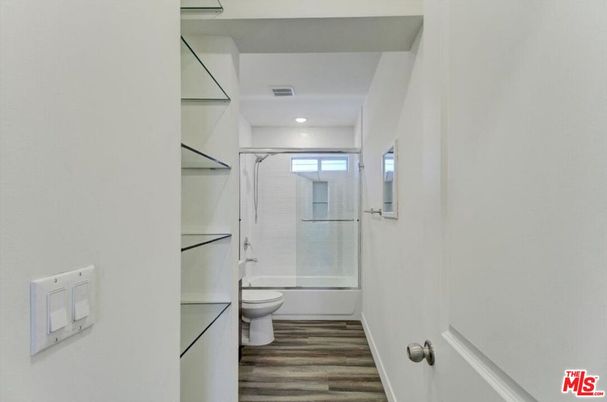 Bathroom, Glass Shower, Interior, Recessed Lighting, Wood Texture Flooring