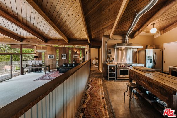 Interior, Kitchen, Pendant Lights, Stainless Steel Appliances, Wooden Beams, Wooden Ceilings, Wood Texture Flooring, Wooden Walls