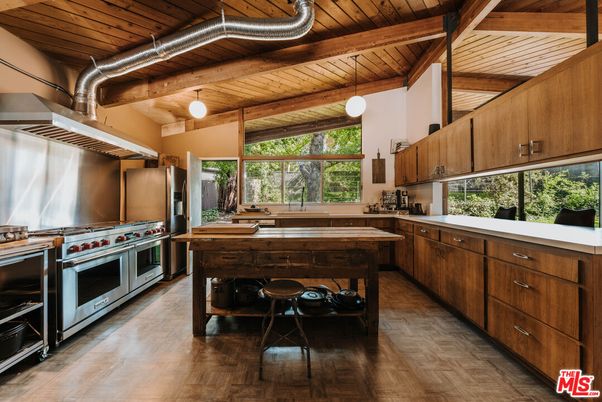 Interior, Kitchen, Pendant Lights, Stainless Steel Appliances, Wooden Beams, Wooden Ceilings, Wood Texture Flooring