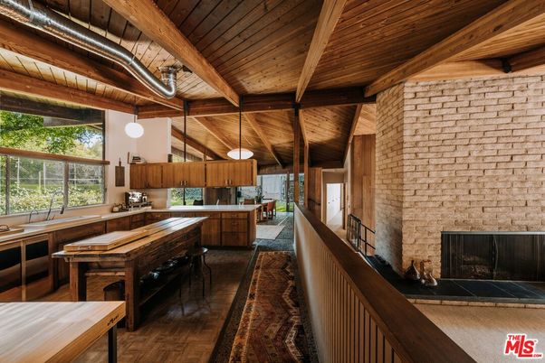 Fireplace, Interior, Kitchen, Pendant Lights, Stainless Steel Appliances, Stone Walls, Wooden Beams, Wooden Ceilings, Wood Texture Flooring
