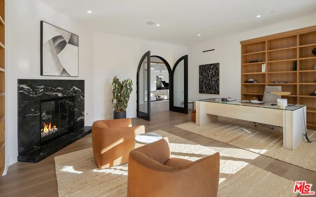 Fireplace, Home Office, Interior, Recessed Lighting, Wood Texture Flooring