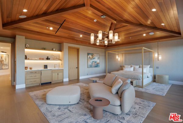 Bedroom, Interior, Pendant Lights, Recessed Lighting, Wooden Ceilings, Wood Texture Flooring