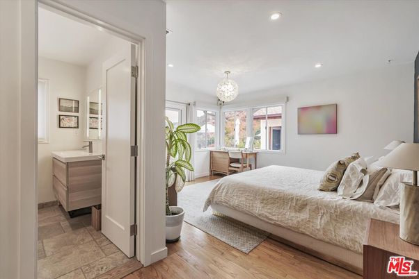 Bedroom, Chandelier, Interior, Recessed Lighting, Wood Texture Flooring