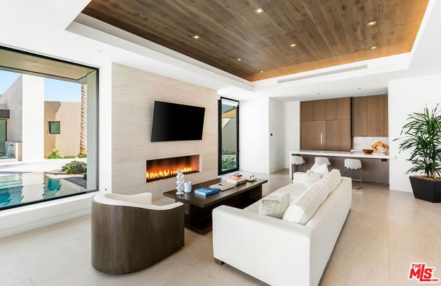 Fireplace, Interior, Living room, Recessed Lighting, Wooden Ceilings