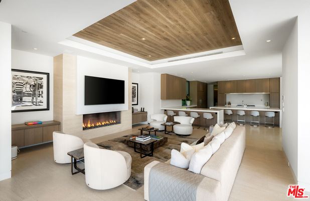 Fireplace, Interior, Kitchen, Living room, Recessed Lighting, Wooden Ceilings