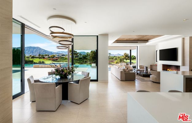 Dining room, Fireplace, Interior, Living room, Pendant Lights, Recessed Lighting, Wooden Ceilings