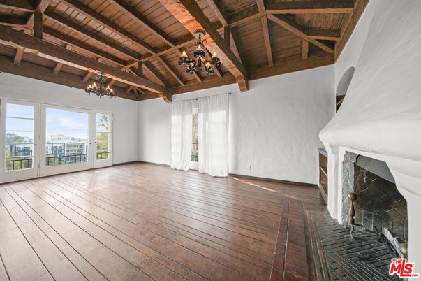 Chandelier, Empty room, Fireplace, Interior, Wooden Beams, Wooden Ceilings, Wood Texture Flooring