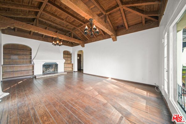 Chandelier, Empty room, Fireplace, Interior, Wooden Beams, Wooden Ceilings, Wood Texture Flooring