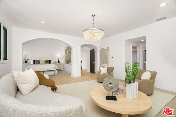 Bedroom, Chandelier, Interior, Living room, Recessed Lighting, Wood Texture Flooring