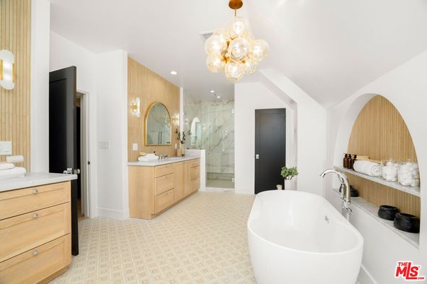 Bathroom, Dual Sink Vanities, Free Standing Baths, Glass Shower, Interior, Marble Walls, Pendant Lights, Recessed Lighting