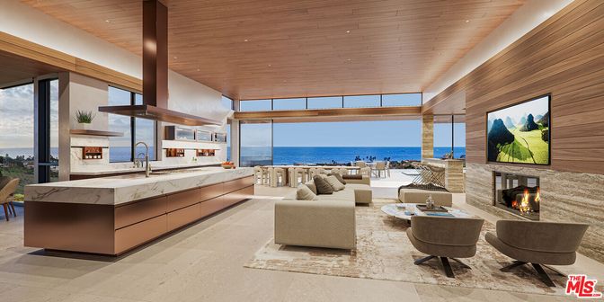 Fireplace, Interior, Living room, Recessed Lighting, Water, Wooden Ceilings, Wooden Walls