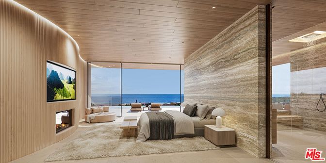 Fireplace, Interior, Living room, Recessed Lighting, Water, Wooden Ceilings, Wooden Walls