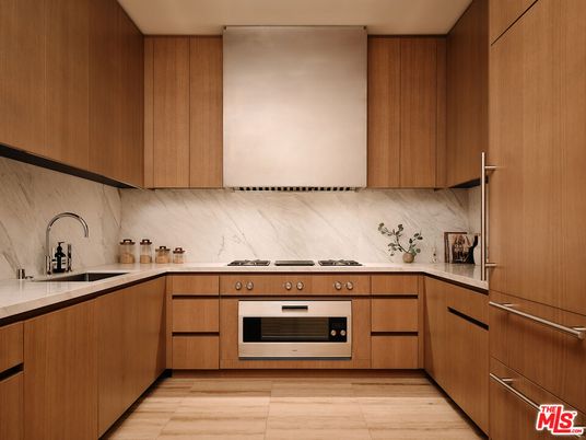 Interior, Kitchen, Marble Walls, Stainless Steel Appliances, Wood Texture Flooring