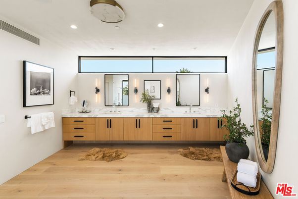 Bathroom, Dual Sink Vanities, Interior, Recessed Lighting, Wood Texture Flooring