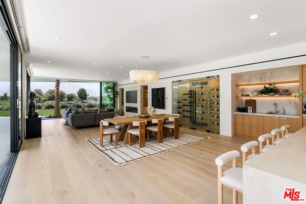 Chandelier, Dining room, Interior, Living room, Recessed Lighting, Wine Storage, Wood Texture Flooring