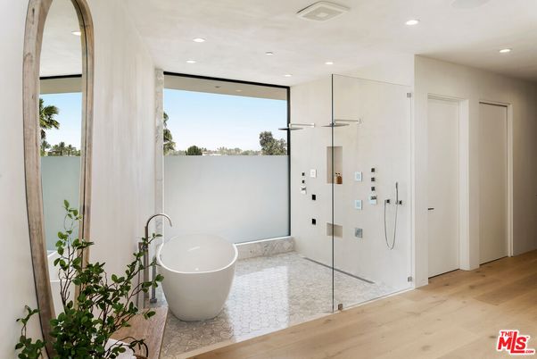 Bathroom, Free Standing Baths, Glass Shower, Interior, Recessed Lighting, Wood Texture Flooring