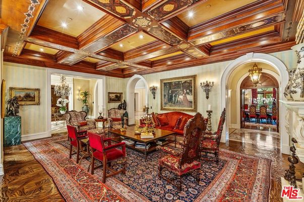 Chandelier, Fireplace, Interior, Living room, Recessed Lighting, Wooden Beams, Wood Texture Flooring