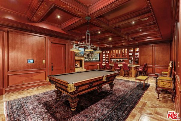 Billiard Table, Fireplace, Game Room, Interior, Pendant Lights, Recessed Lighting, Wooden Beams, Wooden Ceilings, Wood Texture Flooring, Wooden Walls