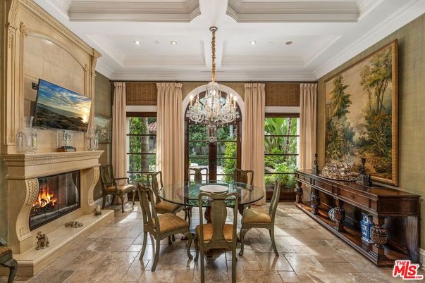 Chandelier, Dining room, Fireplace, Interior, Recessed Lighting