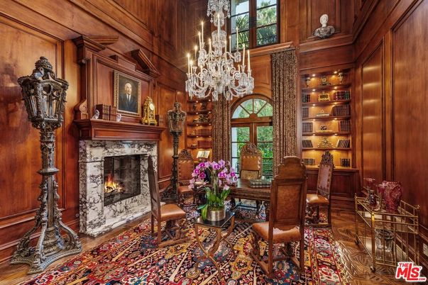 Chandelier, Fireplace, Home Office, Interior, Wooden Ceilings, Wood Texture Flooring, Wooden Walls
