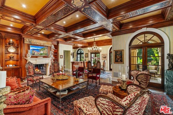 Chandelier, Dining room, Fireplace, Interior, Living room, Recessed Lighting, Wooden Beams, Wooden Walls