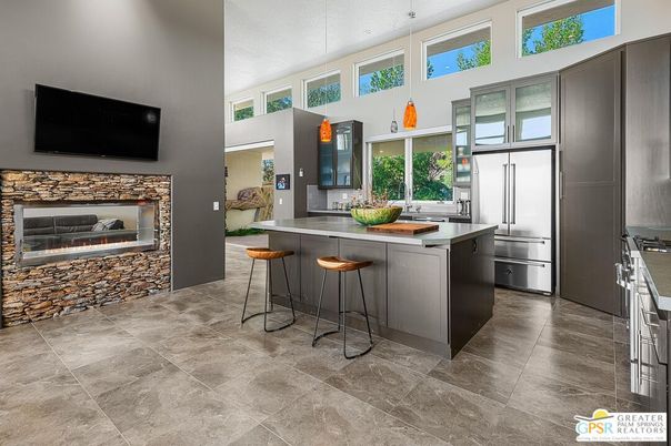 Fireplace, Interior, Kitchen, Pendant Lights, Stainless Steel Appliances