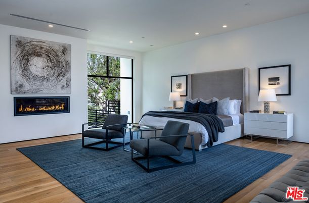 Bedroom, Fireplace, Interior, Recessed Lighting, Wood Texture Flooring