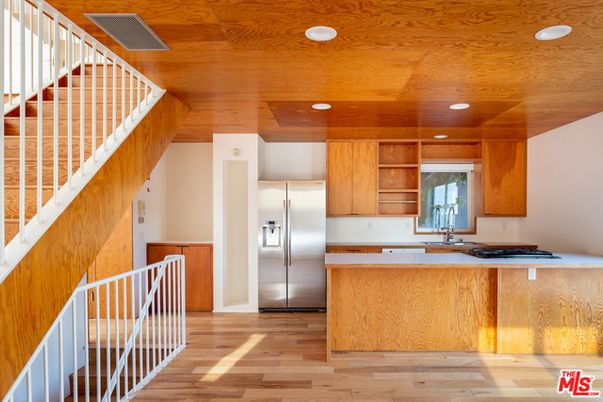 Interior, Kitchen, Recessed Lighting, Stainless Steel Appliances, Wooden Ceilings, Wood Texture Flooring