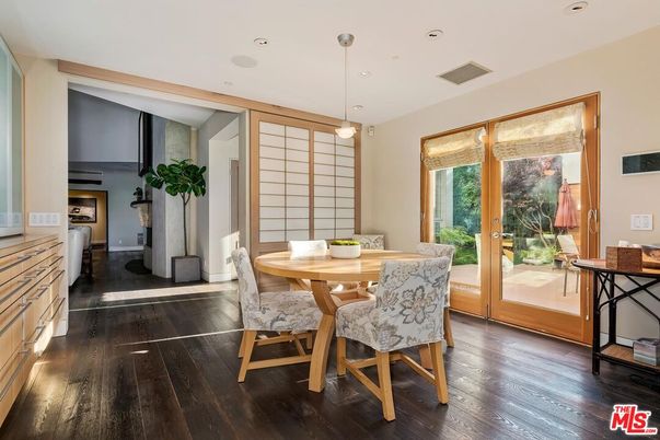 Dining room, Fireplace, Interior, Pendant Lights, Recessed Lighting, Wood Texture Flooring