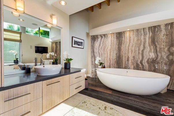 Bathroom, Dual Sink Vanities, Free Standing Baths, Interior, Recessed Lighting, Wood Texture Flooring