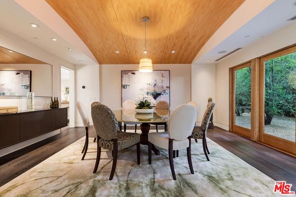 Dining room, Interior, Pendant Lights, Recessed Lighting, Wooden Ceilings, Wood Texture Flooring