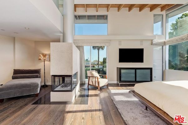 Bedroom, Fireplace, Interior, Recessed Lighting, Wooden Beams, Wood Texture Flooring