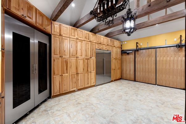 Chandelier, Elevator, Interior, Recessed Lighting, Wooden Beams, Wooden Walls